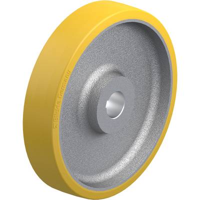 Geel wiel met een grijze metalen kern; wordt vaak gebruikt in industriële toepassingen; toont robuust ontwerp en duurzaamheid.