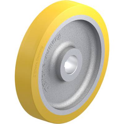 Geel, rond wiel met zilveren binnenring en middengat, symboliseert industriespecificatie of -toepassing.