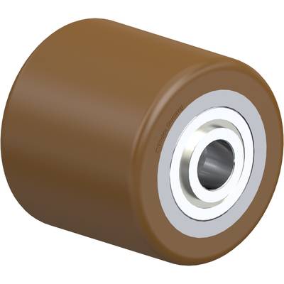 Bruin kunststof wiel met metalen kern, gebruikt voor transportmiddelen of machines.