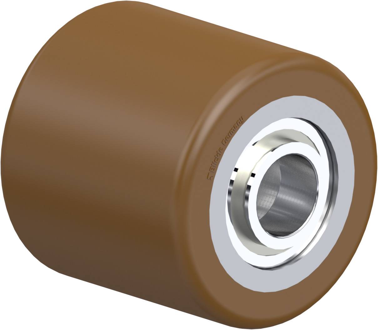 Een bruine, cilindrische schijf met een zilveren metalen as in het midden.