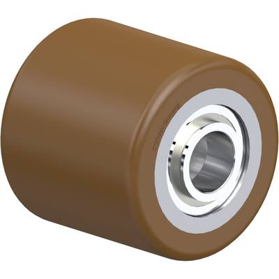 Een bruine, cilindrische schijf met een zilveren metalen as in het midden.