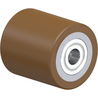 Een bruine kunststof wiel met een zilveren metalen kern en lager, waarschijnlijk bedoeld voor gebruik in rollen of machines.