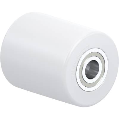 Een witte cilindrische roldemper met metalen middendoorgang. Gebruikt voor geluidsreductie in machines.