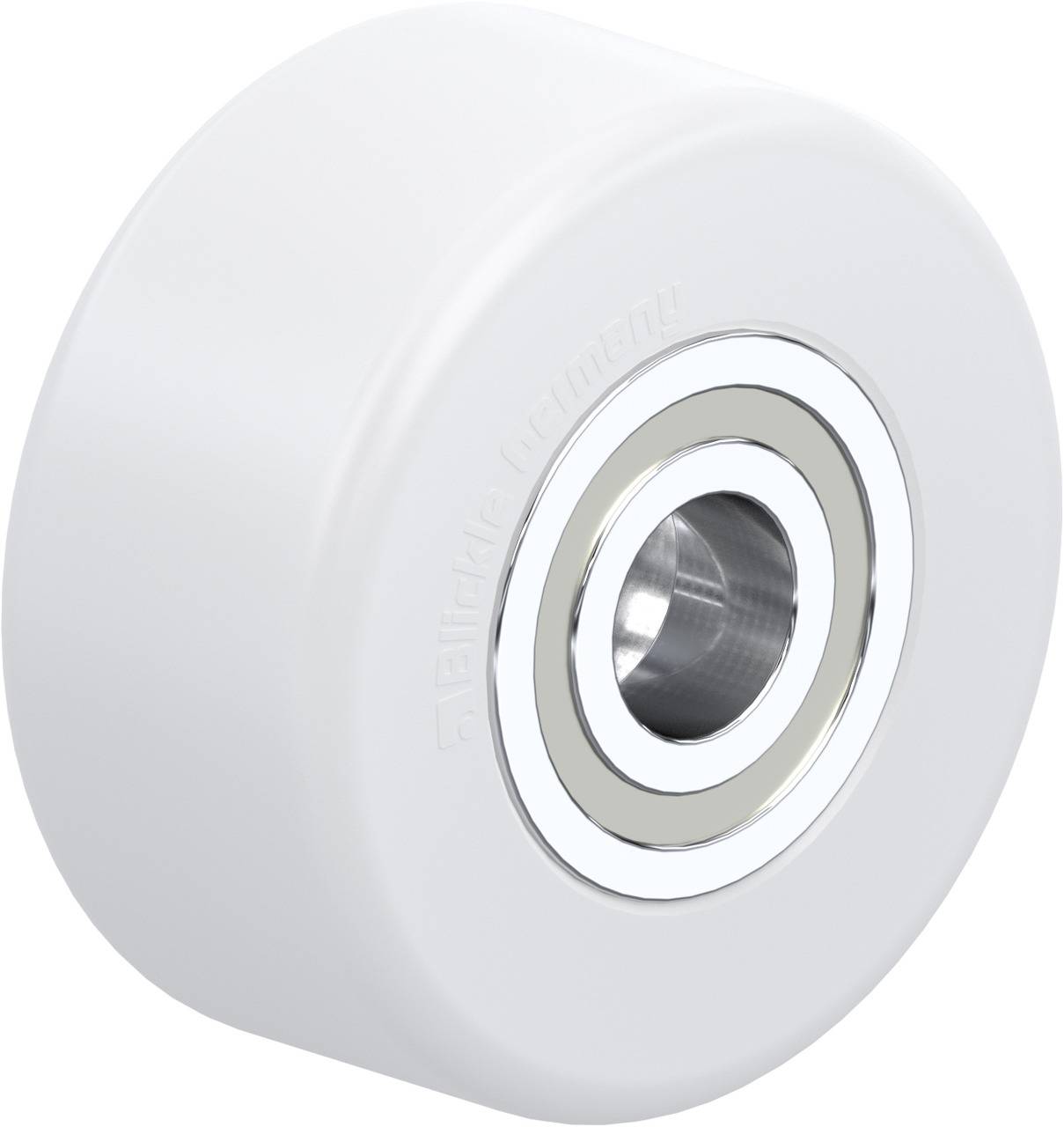 Wit kunststof wiel met geïntegreerd metalen kogellager, gebruikt voor lage wrijving en duurzaamheid in rollende systemen.