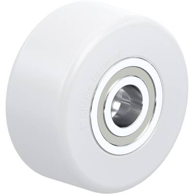 Wit kunststof wiel met geïntegreerd metalen kogellager, gebruikt voor lage wrijving en duurzaamheid in rollende systemen.