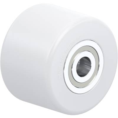Wit skateboard- of longboard-wiel, cilindrisch met een metalen kogellager in het midden, tegen een witte achtergrond.