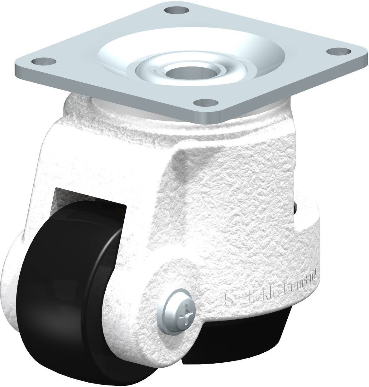 Metalen rol met zwart wiel en vierkante bevestiging. Gebruikt voor toepassingen met zware belasting.