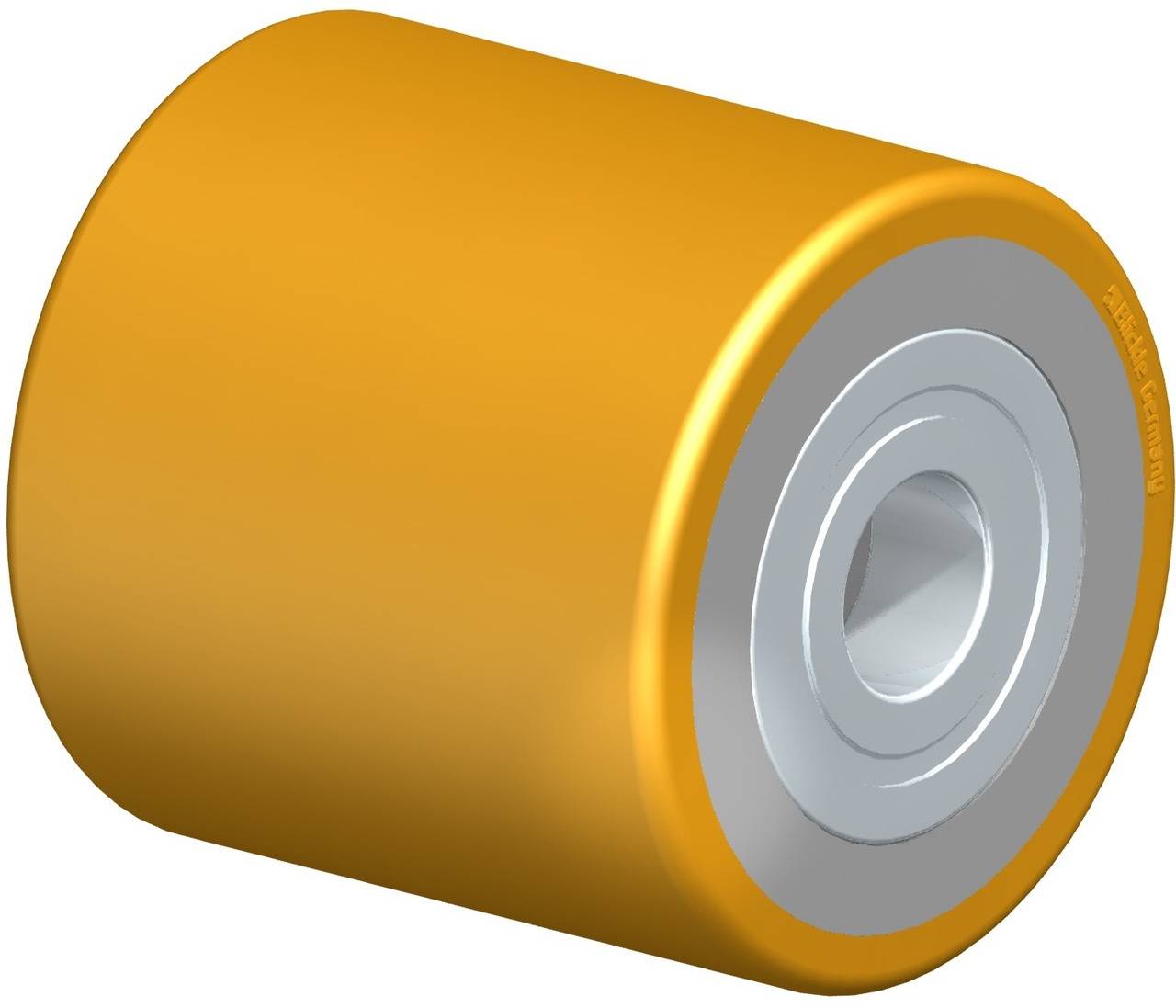 Geel cilindrisch wiel met zilveren binnenring en centraal gat, meestal gebruikt voor rollen of mechanische toepassingen.