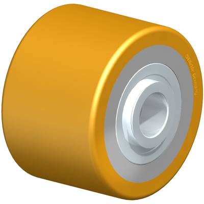 Geel wiel met zilveren kogellager, waarschijnlijk onderdeel van een skateboard of step, voor soepel rijden en stabiliteit.