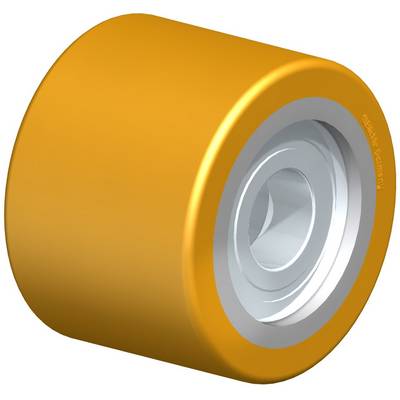 Een enkel, geel wiel met een grijs binnenframe, geschikt voor skateboards of vergelijkbare apparaten.