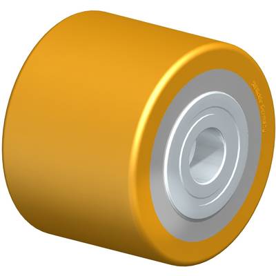 Een geel, cilindrisch wiel met een zilveren metalen kern, vermoedelijk een skateboard- of rolschaatswiel, op een witte achtergrond.