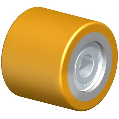 Een enkele, oranje rolschaats- of skateboard-wiel met een metalen binnenlagering, op een witte achtergrond.