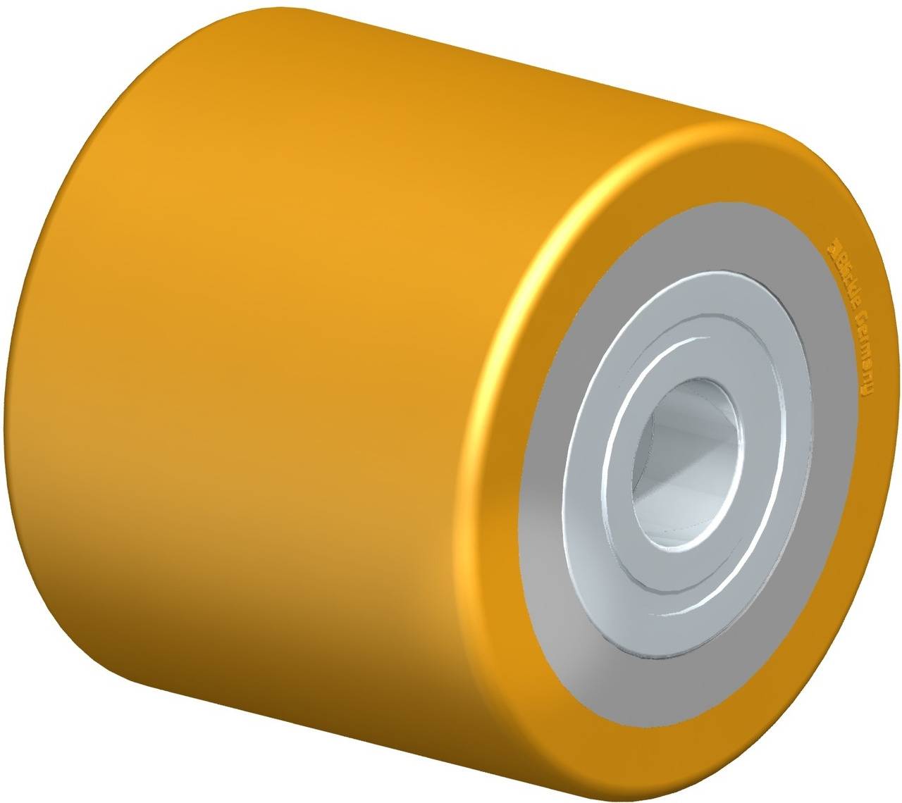 Een oranje rol met metalen lager, weergegeven in een driekwartaanzicht.