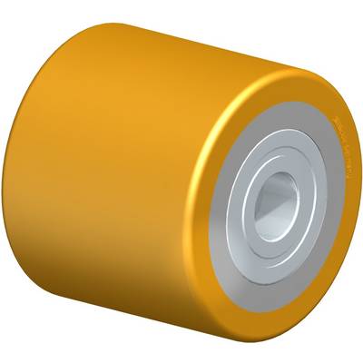 Een oranje rol met metalen lager, weergegeven in een driekwartaanzicht.