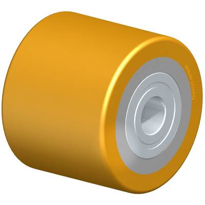 Een geel wiel van metaal of kunststof met een zilveren as, mogelijk onderdeel van een transport- of machinebouwcomponent.