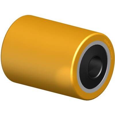 Een gele cilinder met een zwarte binnenring, waarschijnlijk onderdeel van een industriële transportband of rollensysteem.