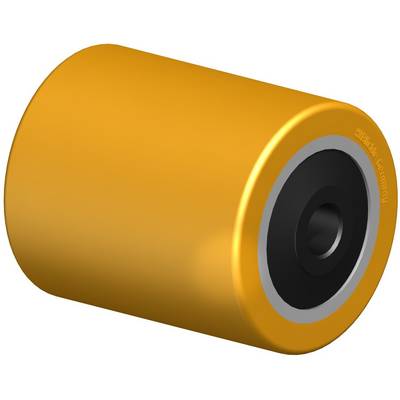 Een geel rubberwiel met een zwarte kern, vaak gebruikt voor industriële toepassingen of transportapparatuur.