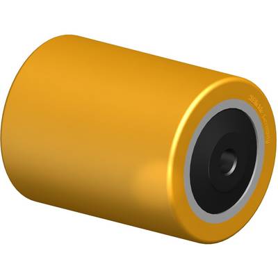 Een oranje wiel of rol met een zwarte as en een zilveren binnenring.