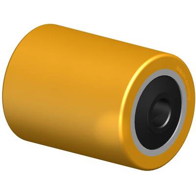 Een gele, cilindrische rol van kunststof met een metalen kern, vermoedelijk een onderdeel voor transportinstallaties of machines.
