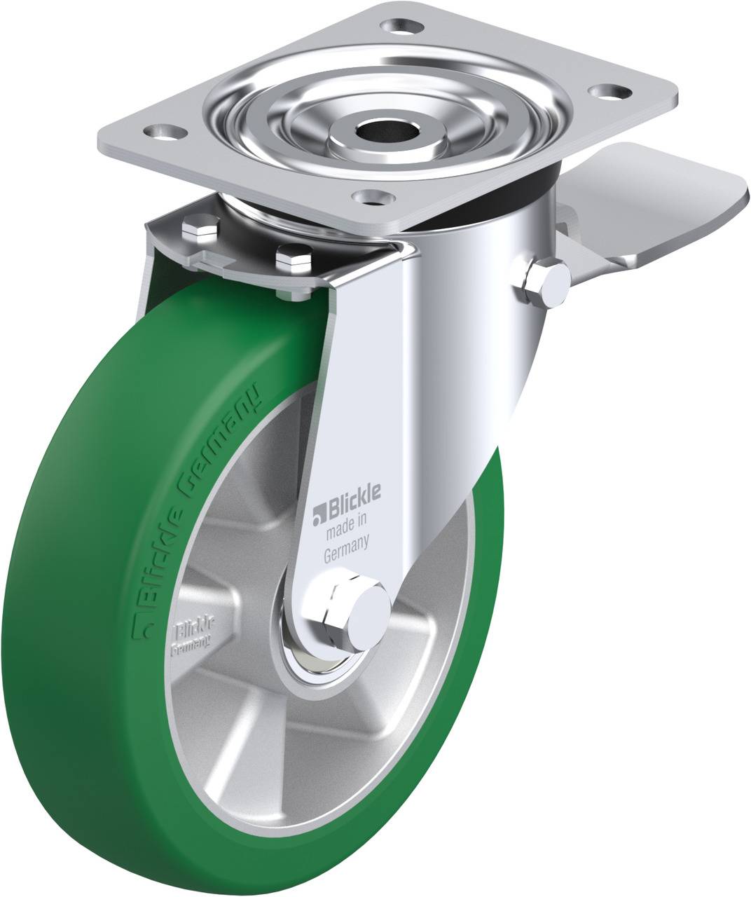 Groene stuurwiel met stalen plaat, remhendel en zilveren metalen behuizing. 'Blickle Made in Germany' opschrift op het wiel.