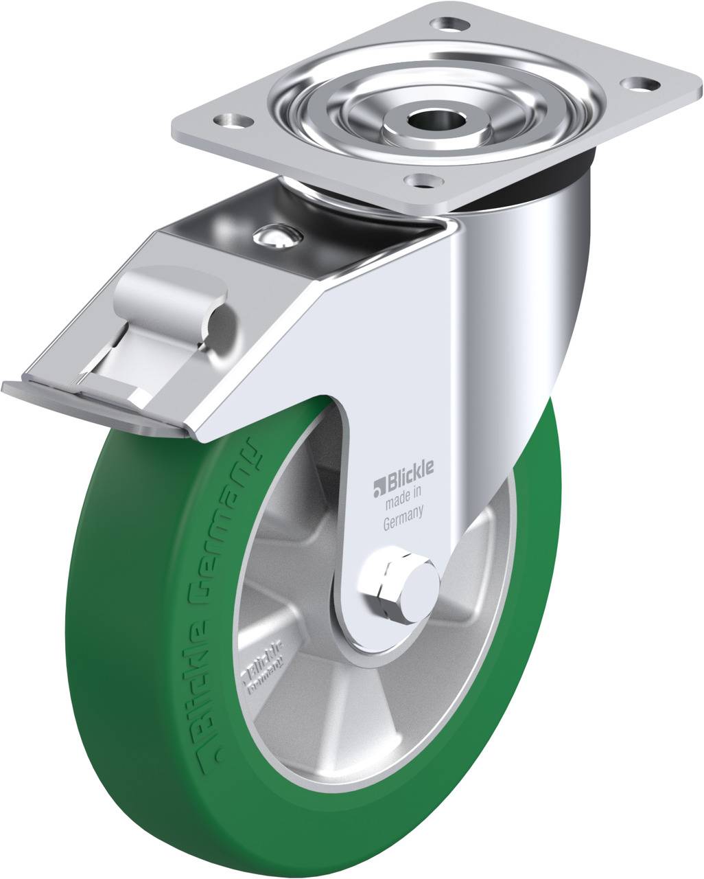 Metalen stuurwiel met groene rubberen band en zilveren behuizing.