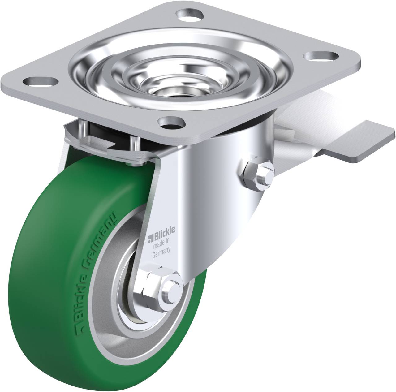 'Zwenkwiel met groen wiel en metalen bevestiging, vierkante plaat bovenaan, zijdelingse houder als bevestigingsmechanisme, geschikt voor industriële toepassingen.'