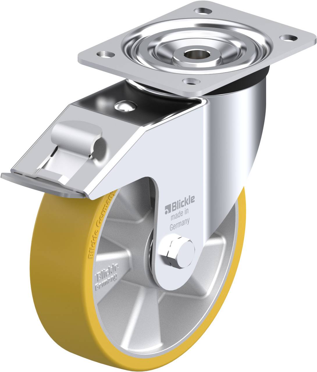 Een robuuste industriële zwenkwiel met een geel polyurethaan wiel en metalen beugel, geschikt voor zware lasten in industriële omgevingen.
