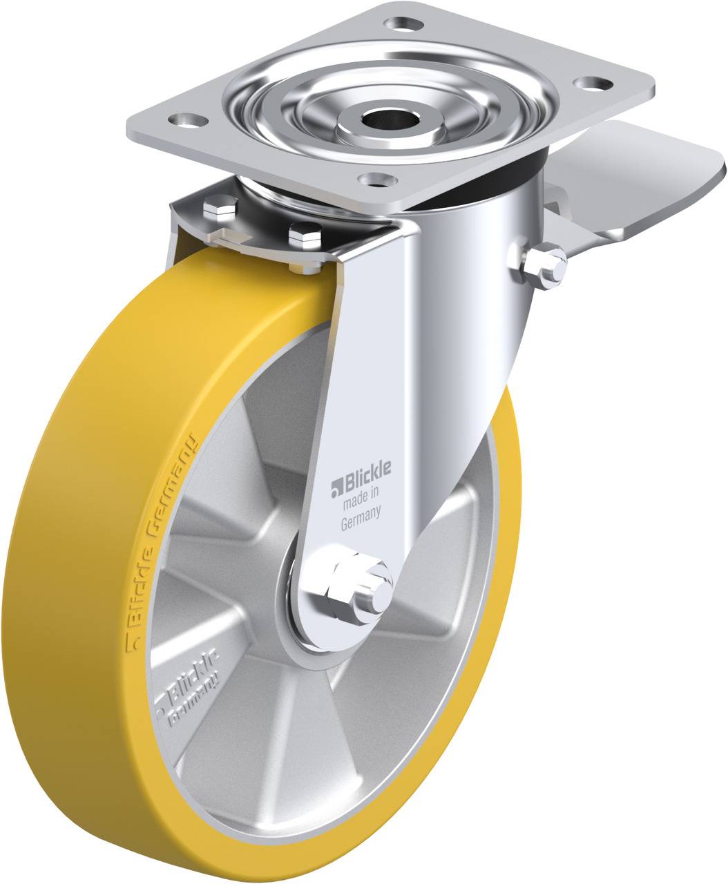 Blickle zwenkwiel met geel wiel en metalen schijf, gebruikt voor industriële toepassingen.