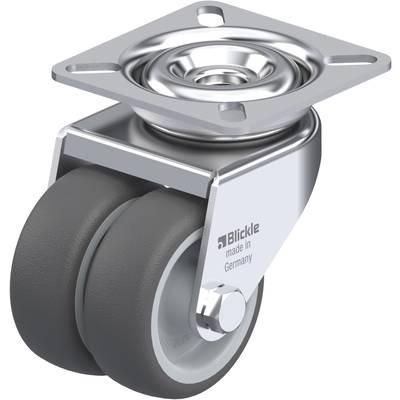 'Dubbele wiel met grijs wiel, metalen behuizing en bodemplaat. Gemarkeerd met "Blickle made in Germany".'