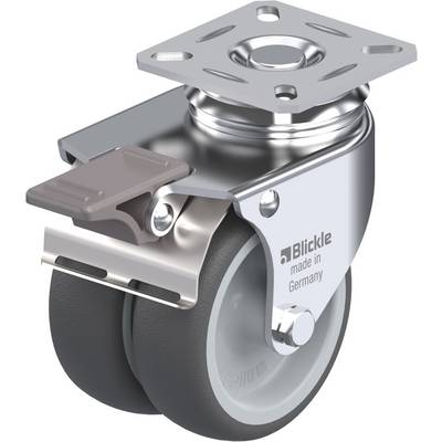 Industriële dubbele rol met rem, metalen behuizing en grijze wielen van Blickle. Gemarkeerd met 'made in Germany'.
