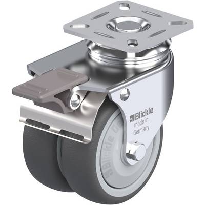Dubbele metalen zwenkwiel met grijze wielen, vergrendelingrem en bevestigingsplaat; opdruk 'Blickle made in Germany'.