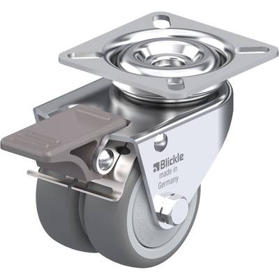 Grijze tweelingrol met metalen behuizing en vergrendelingrem. Op de behuizing staat 'Blickle made in Germany'.