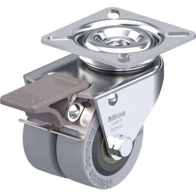 Zwenkwiel met grijze wielen en metalen bevestiging, voorzien van 'Blickle made in Germany', bruine remklauw zichtbaar links.