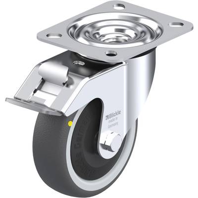 Metalen zwenkwiel met vergrendelbaar rubberen wiel op een zilveren montageplaatje. Geschikt voor gebruik op verschillende machines.