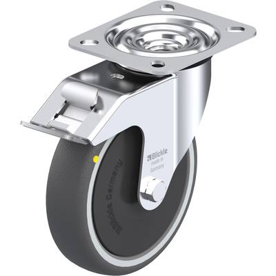 Zwenkwiel met grijze rubberen loopvlak en metalen behuizing. Bevat een bevestigingssteun voor montage aan meubilair of apparatuur.