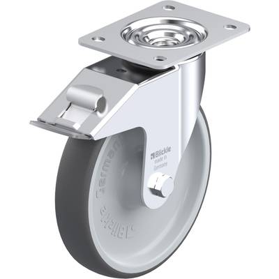Zwenkwiel van metaal met grijs wiel en bevestigingsplaat, geschikt voor meubel- of apparaatconstructies. Gemarkeerd met 'Blickle, made in Germany'.