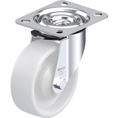 Een witte zwenkwiel met metalen behuizing en bevestigingsplaat, geschikt voor meubels of transportkarren, op een witte achtergrond.