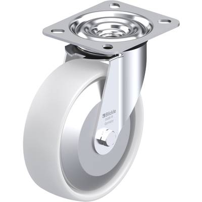 Draaibaar meubelwiel met wit rubberen loopvlak en metalen bevestigingsonderdelen, geschikt voor lichte tot middelzware belasting.