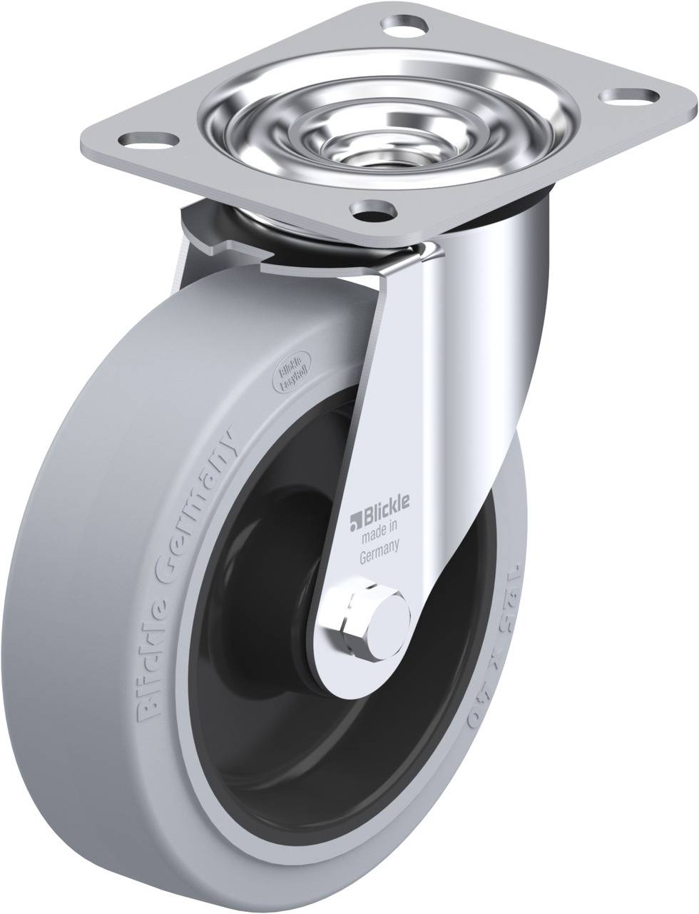 Grijs, rond zwenkwiel met zilveren metalen bevestiging, geschikt voor het verplaatsen van meubels of apparatuur.