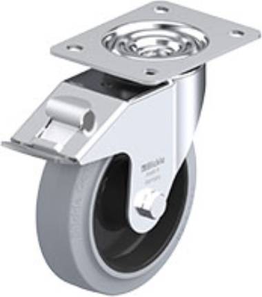 Industrieel wiel met grijs rubberen loopvlak en zilveren metalen bevestiging, geschikt voor zware belastingstoepassingen.
