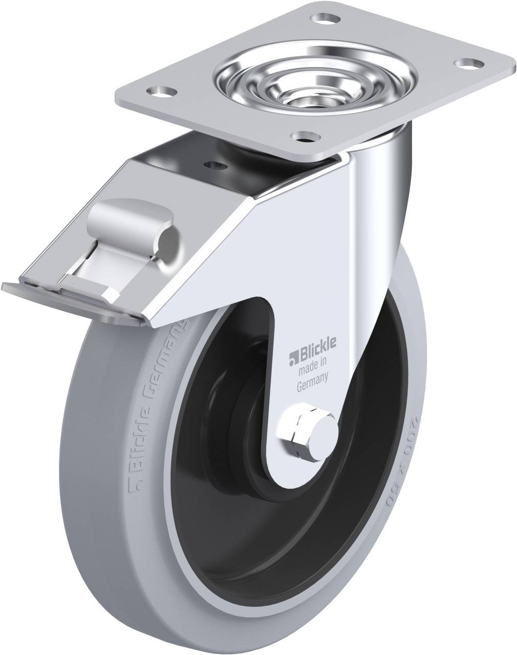 Zilveren stuurwiel met grijs wiel en metalen bevestiging; geschikt voor montage aan meubilair voor eenvoudige verplaatsing.