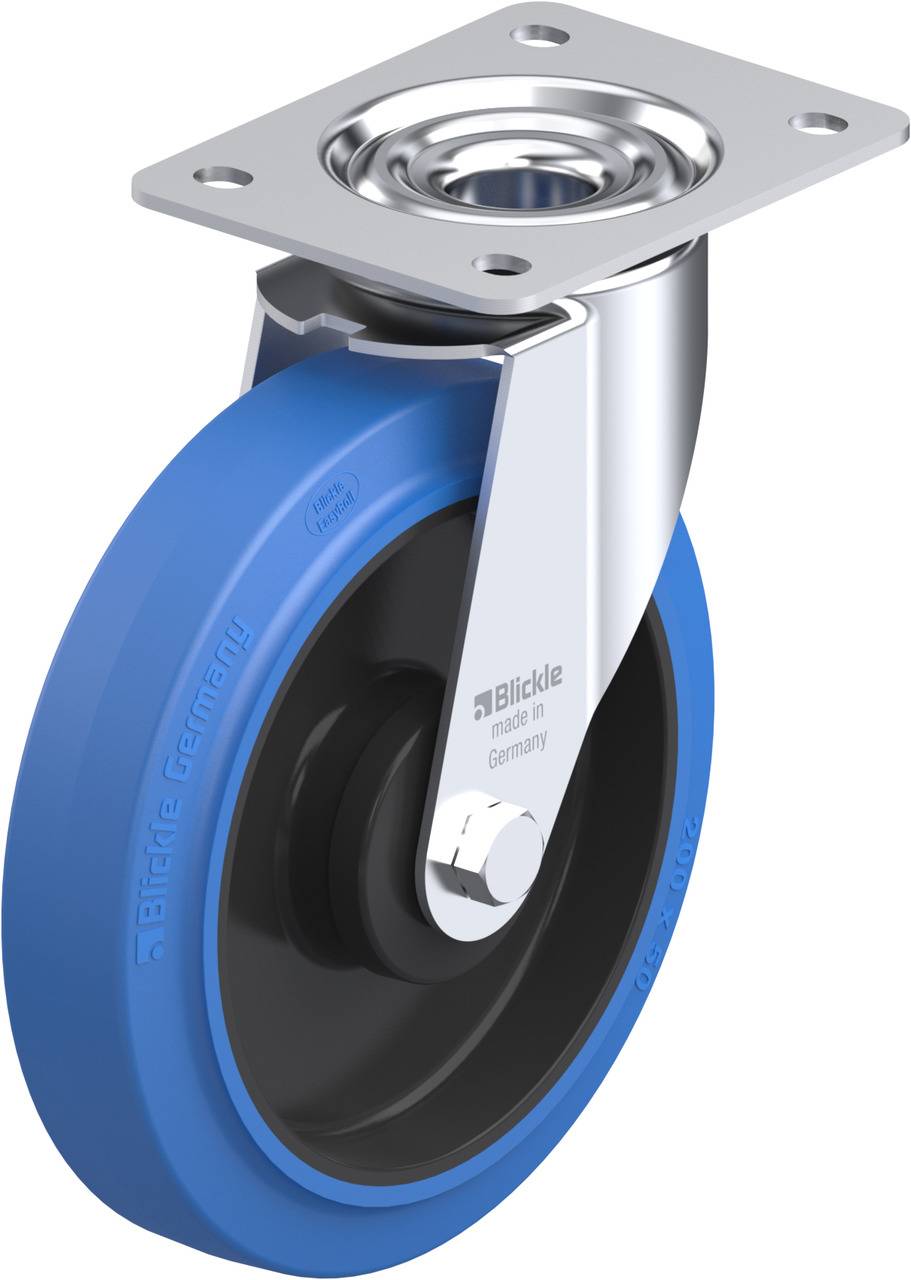 Metalen wiel met blauwe rubberloopvlak en metalen bevestiging. Geschikt voor transportapparatuur, biedt stabiliteit en flexibiliteit.