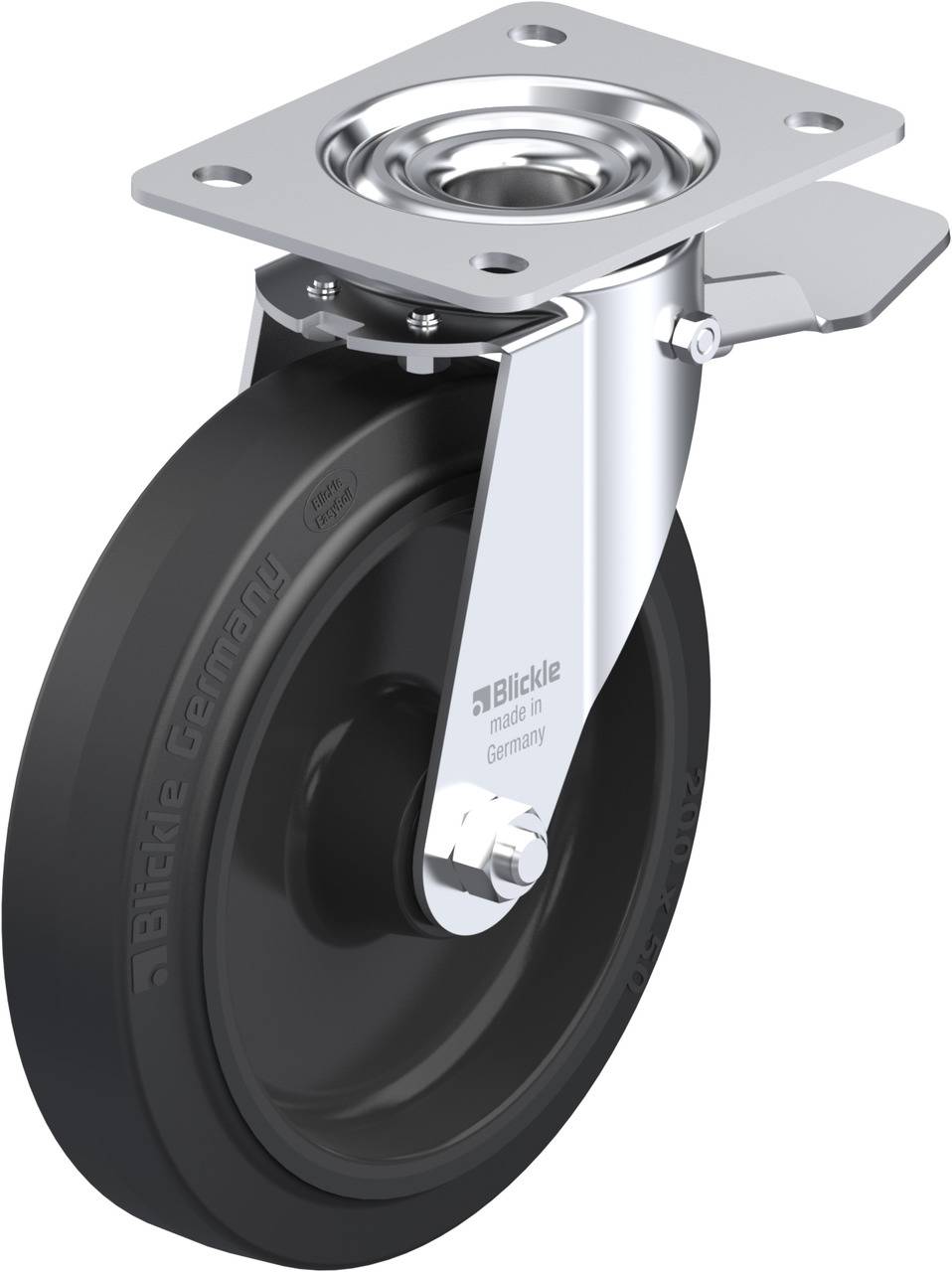 Zwenkwiel met zwart rubber en metalen voet, geschikt voor meubilair of transportapparatuur.