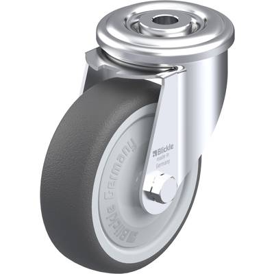 Een enkele rol met een zilveren behuizing en een grijs wiel, waarop de tekst 'Blickle made in Germany' staat.