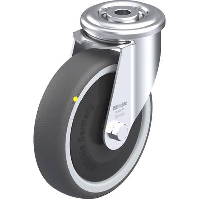 Industriële zwenkwiel met zwart rubberen wiel, behuizing van zilver metaal, geschikt voor gebruik in transport- en meubilairstystemen.