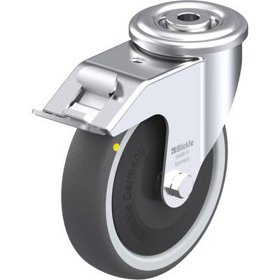 Metalen wiel met zwarte band en zilveren behuizing, geschikt voor industriële toepassingen; opschrift 'Blickle made in Germany'.