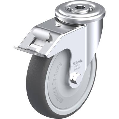 Zwenkwiel van metaal met grijs rubberen wiel, opschrift 'Blickle - made in Germany'.