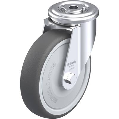 Een zilverkleurig wiel met grijze rubberen band en metalen bevestiging, vervaardigd in Duitsland, geschikt voor meubels of apparaten.