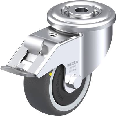 Zilveren metalen stuurwiel met een zwart wiel. Markering 'Blickle - made in Germany' aan de zijkant van het wiel.