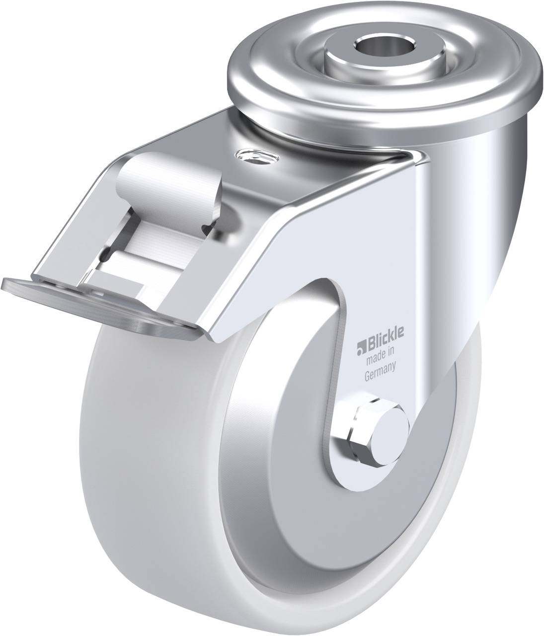 Metalen zwenkwiel met grijs wiel en plaatbevestiging, van het merk Blickle, geschikt voor gebruik bij meubels of apparatuur.